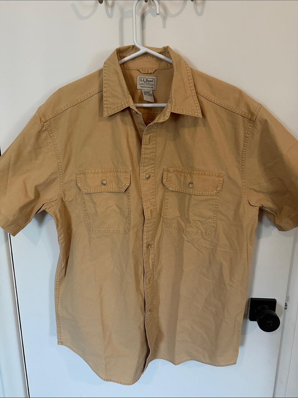 L.L. Bean Short-Sleeve Button-Up Shirt in Tan